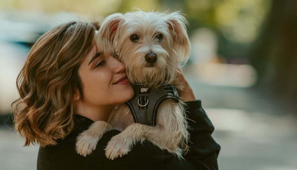 On a walk with her dog