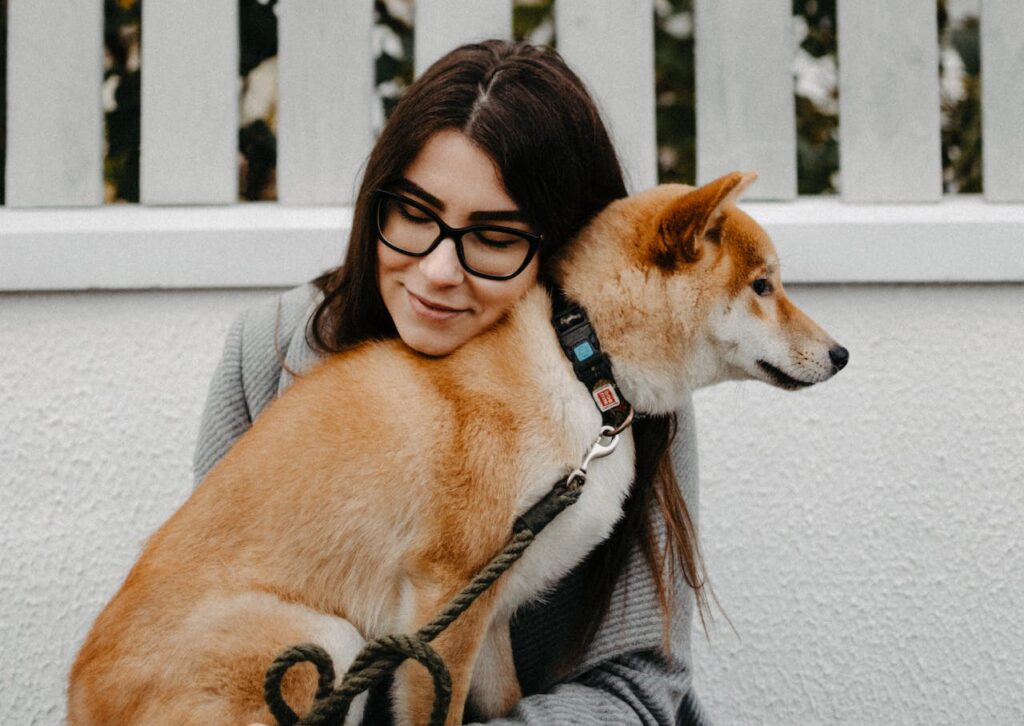 On a walk with her Shiba Inu